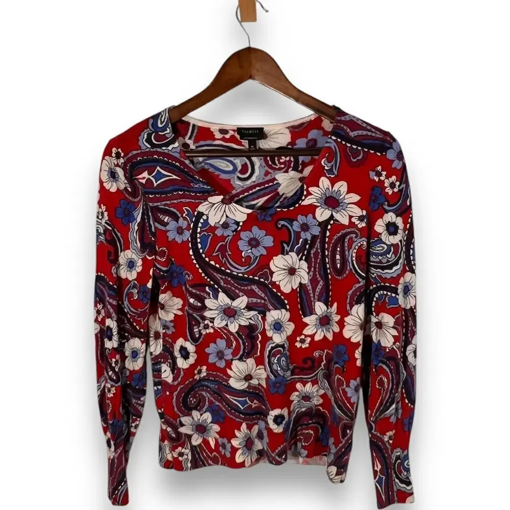 Talbots Merino Wool Paisley Floral Retro Pullover Sweater Size Large